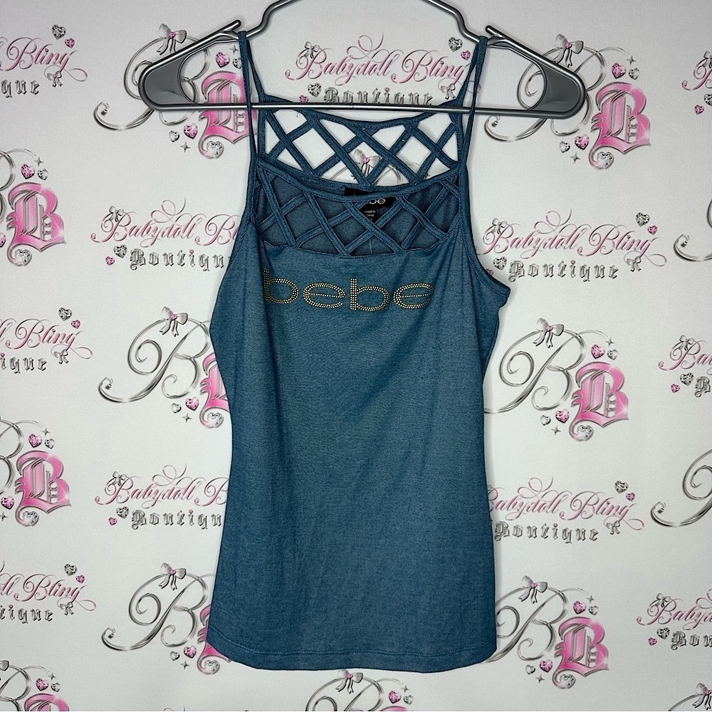 Bebe Blue Strappy Women's Top criss cross denim blue jean style gold bling
